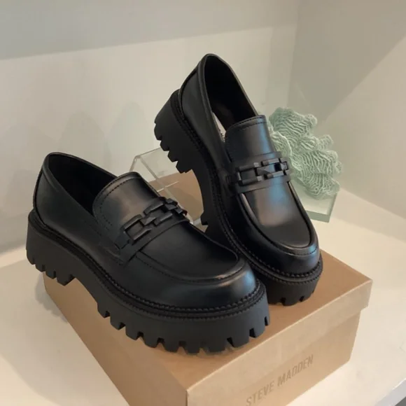 Steve Madden Women's Loafer Chunky Platform Black Leather All Sizes - Picture 5 of 12